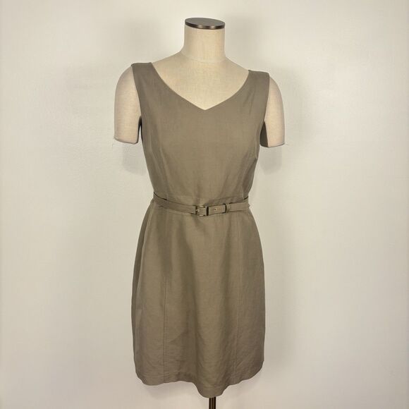 Isabella Demarco Size 8 Linen Blend Sheath Dress Tahari Levine Belted Taupe - Picture 1 of 7